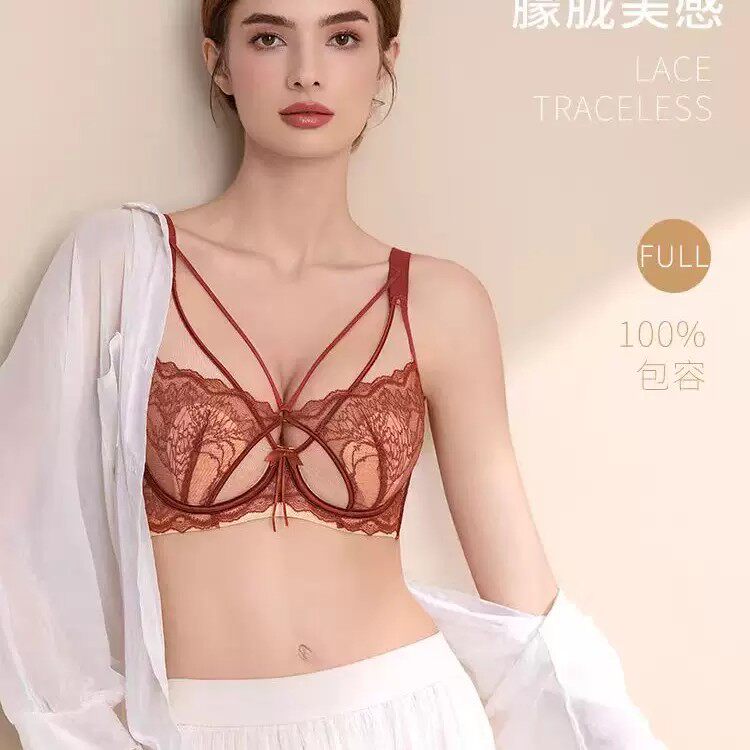 法式交叉绑带蕾丝文胸大胸显小薄款兔耳杯内衣软钢圈收副乳防下垂