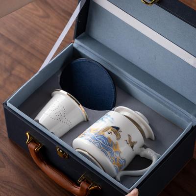 善简羊脂玉白瓷马克杯茶水分离带盖过滤大容量水杯男女家用办公室