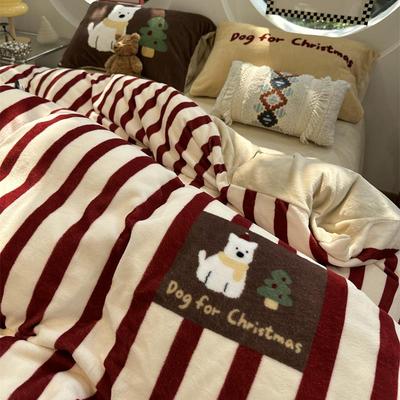 耶诞狗~ins冬季加厚牛奶绒少女心红条纹床上四件套珊瑚绒1.5m1.8