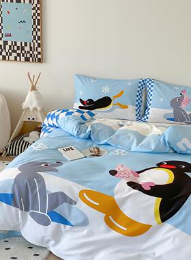 富山商店 x Pingu企鹅家族蓝色可爱robby海豹全棉磨毛床上四件套
