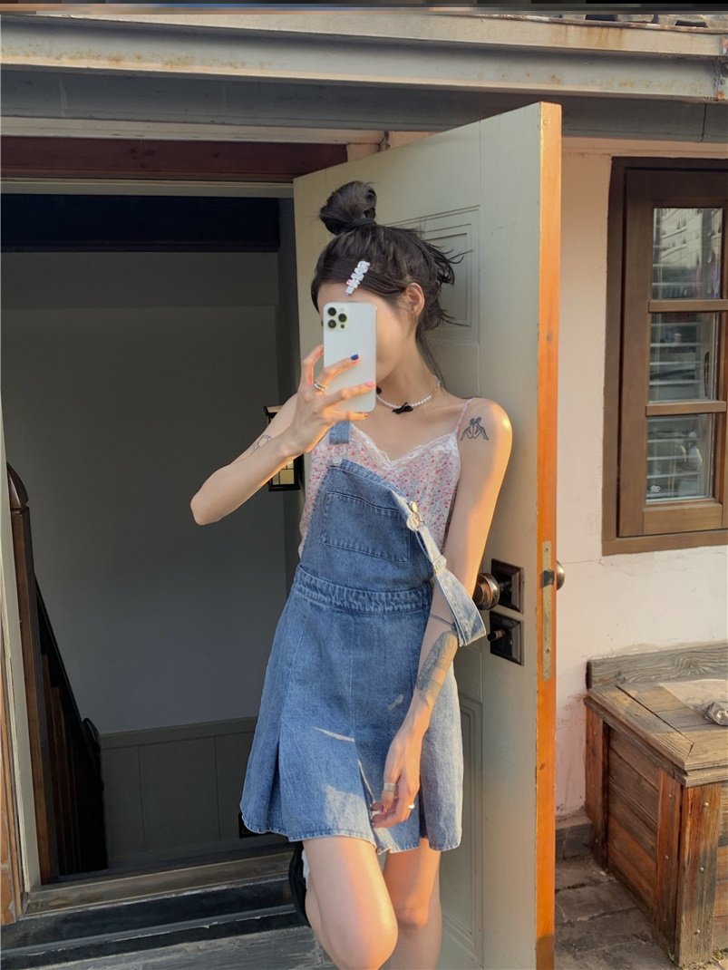 夏季牛仔背带裙a字学院风半身吊带连衣裙高腰显瘦遮胯a字裙减龄