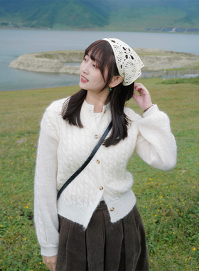 INNQ【一颗奶糖】高比例马海毛秋冬女麻花针织灯笼袖白色毛衣开衫