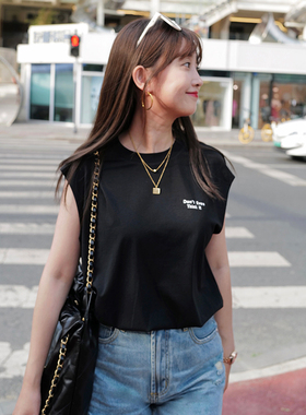 8折清仓简约耐看黑色字母胶印无袖T女夏全棉宽松百搭休闲落肩背心