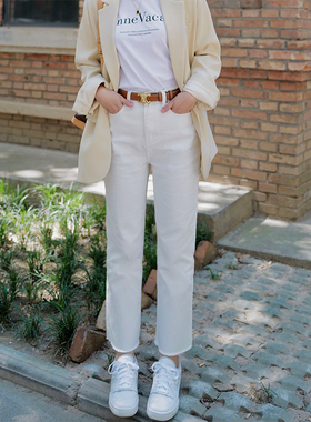 INNQ一眼心动白色精梳赛格全棉春夏女高腰直筒宽松毛边九分牛仔裤