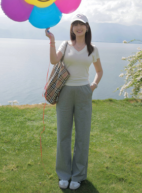 INNQ【空调卫裤】超凉快的松紧腰花灰色夏季薄款宽松休闲直筒长裤