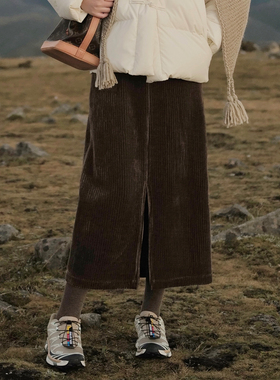 INNQ【显高神器】高腰咖啡色灯芯绒前开叉加厚保暖直筒长款半身裙