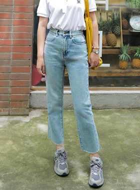 INNQ 韩系ins风高腰直筒牛仔裤女秋浅蓝毛边小个子梨形显瘦九分裤
