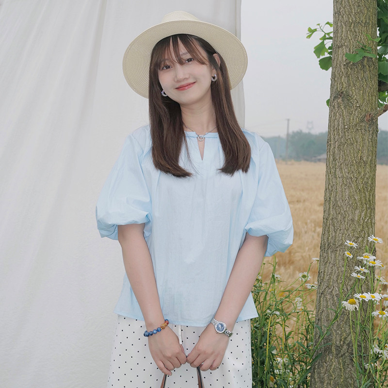 INNQ【盛夏淡人风】清爽baby蓝圆领泡泡袖棉质宽松减龄短款衬衫女