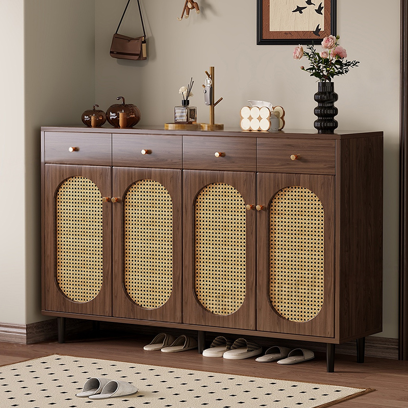 实木鞋柜家用门口藤编门入户玄关柜小户型一体靠墙储物柜可定制