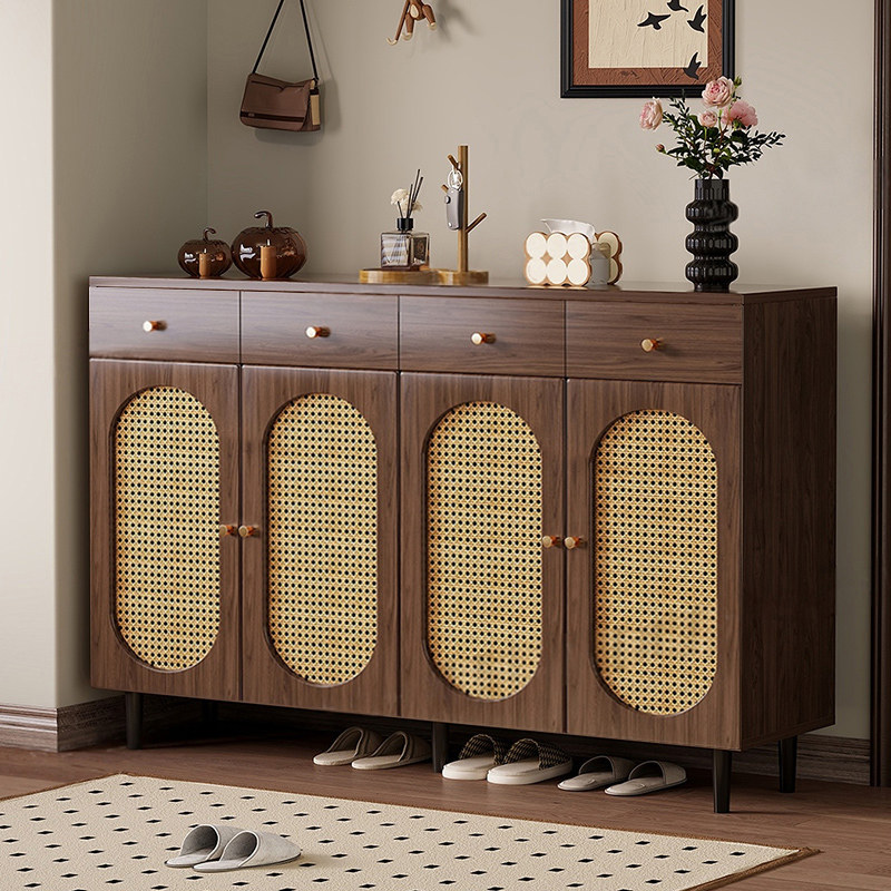 实木鞋柜家用门口藤编门入户玄关柜小户型一体靠墙储物柜可定制