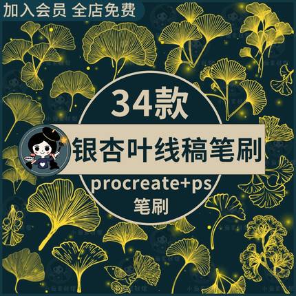 ps笔刷procreate笔刷银杏叶子植物秋季风景插画树叶飘落装饰线稿