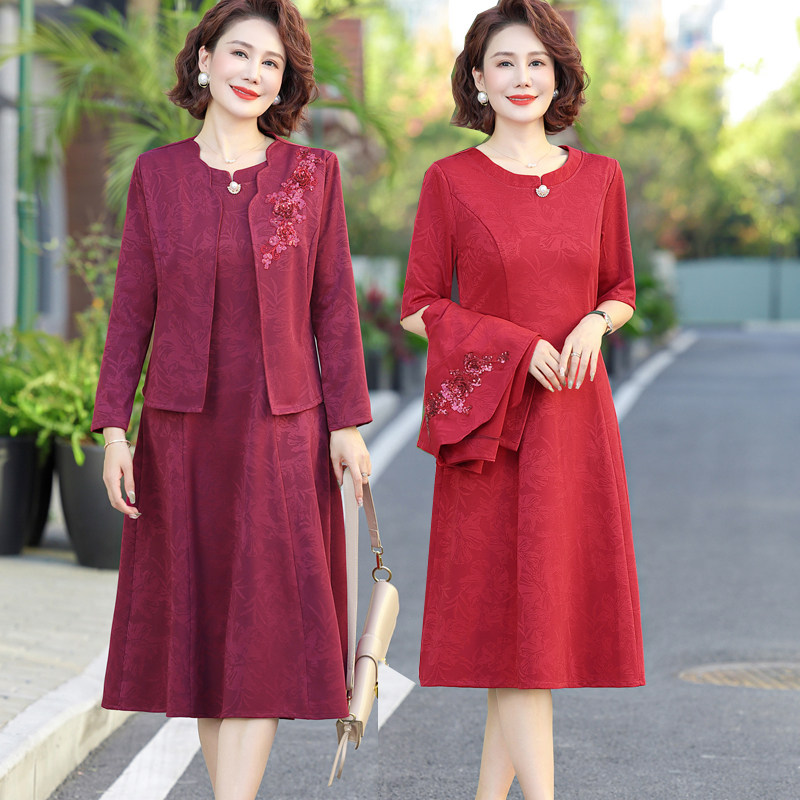 妈妈喜服红色两件套裙子新款春秋喜婆婆婚宴装气质结婚礼服连衣裙