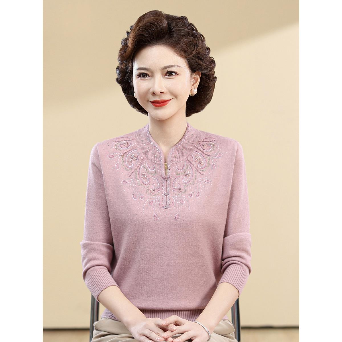 五十岁妈妈秋冬针织打底衫旗袍领上衣中老年人女士羊毛衫保暖套装