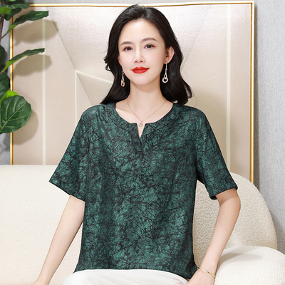 新中式真丝上衣女宽松大码妈妈夏装时尚气质桑蚕丝短袖T恤剪刀领