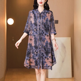高端大码真丝桑蚕丝连衣裙女夏季中年妈妈宽松遮肉中长款衬衫裙子