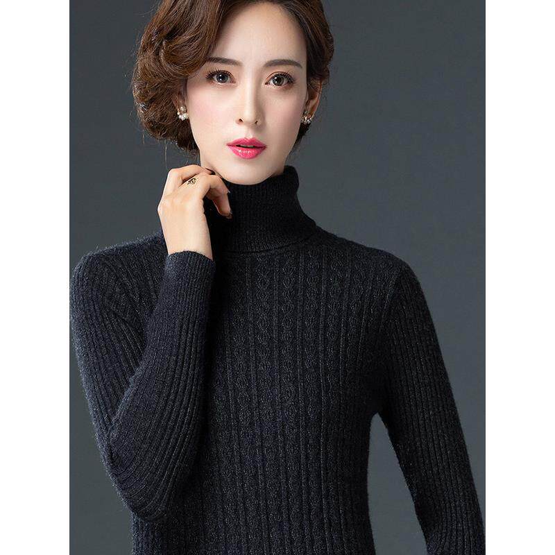 妈妈羊毛衫女修身内搭上衣高领打底衫冬季套头毛衣短款黑色针织衫
