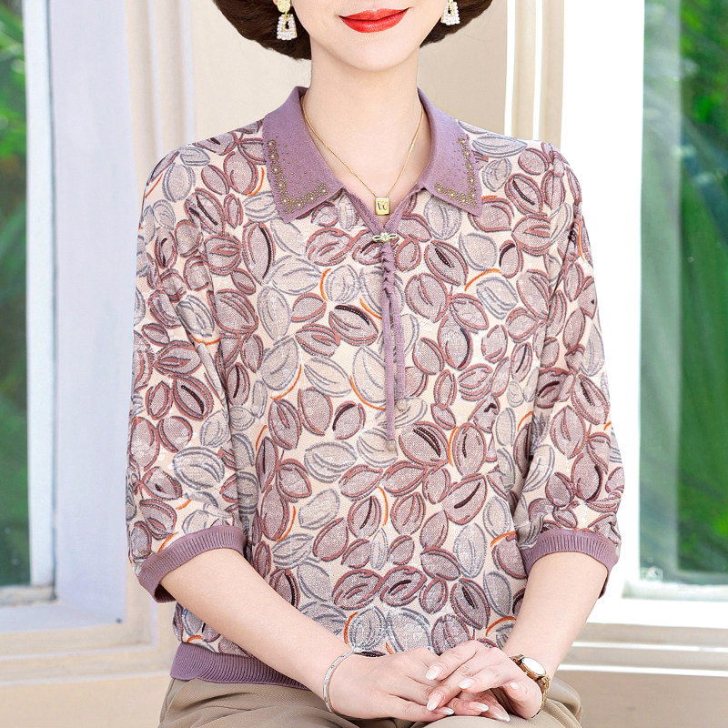 妈妈夏装翻领中袖T恤2025新款中老年人女装上衣大码宽松薄款小衫