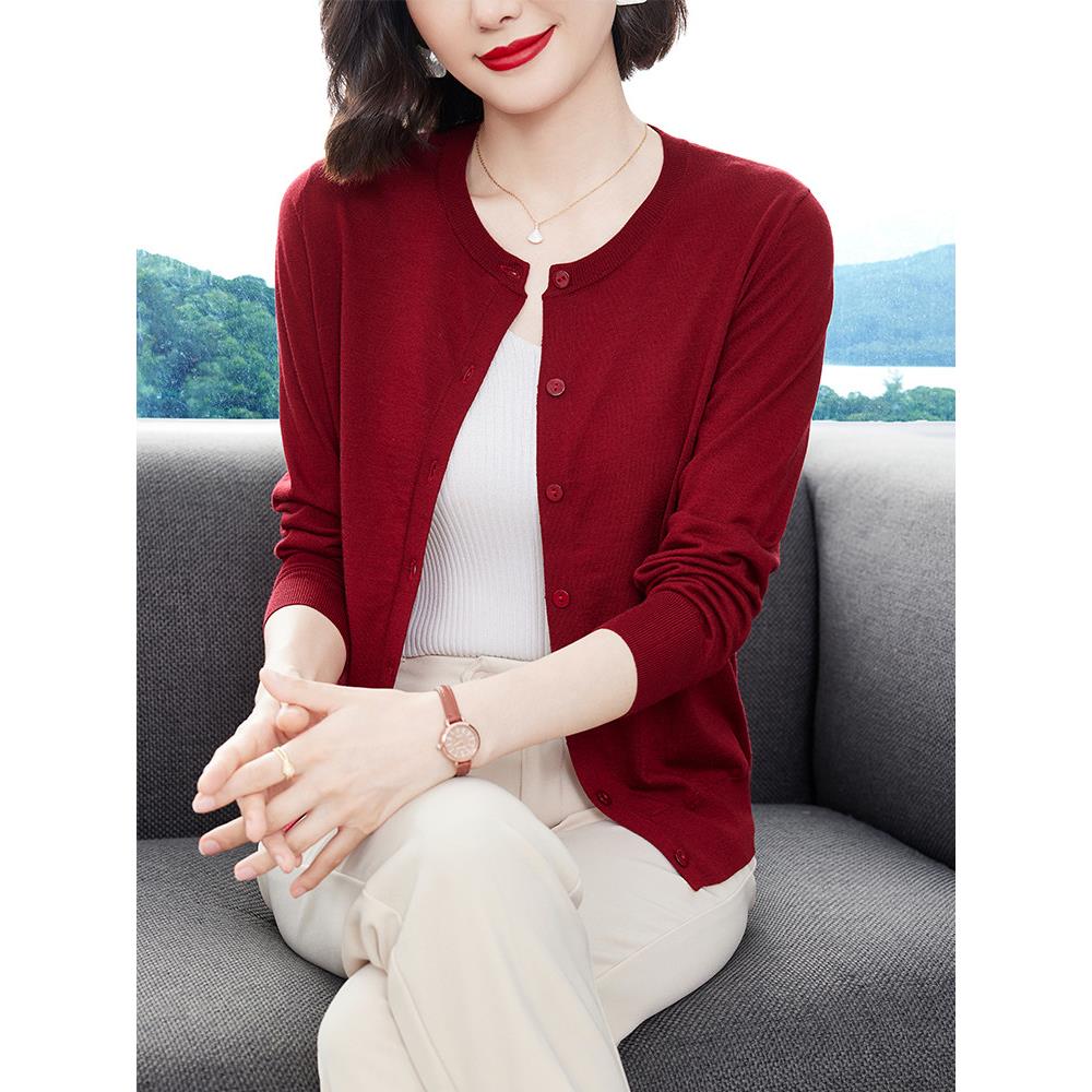 针织开衫外套女高级感配裙子中老年妈妈春夏圆领小外搭桑蚕丝上衣