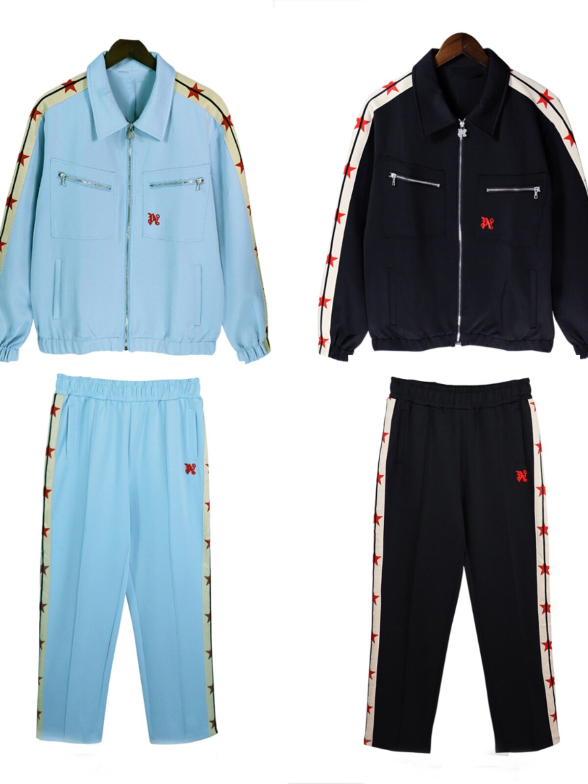 유럽과 미국의 봄과 가을 느슨한 유행 줄무늬 교복 단색 하늘색 복고풍 긴팔 바지 남성과 여성을위한 캐주얼 스포츠 정장