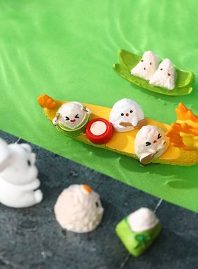 迷你端午节粽子小装饰小白兔子划龙舟树脂小摆件红豆粽沙盘场景