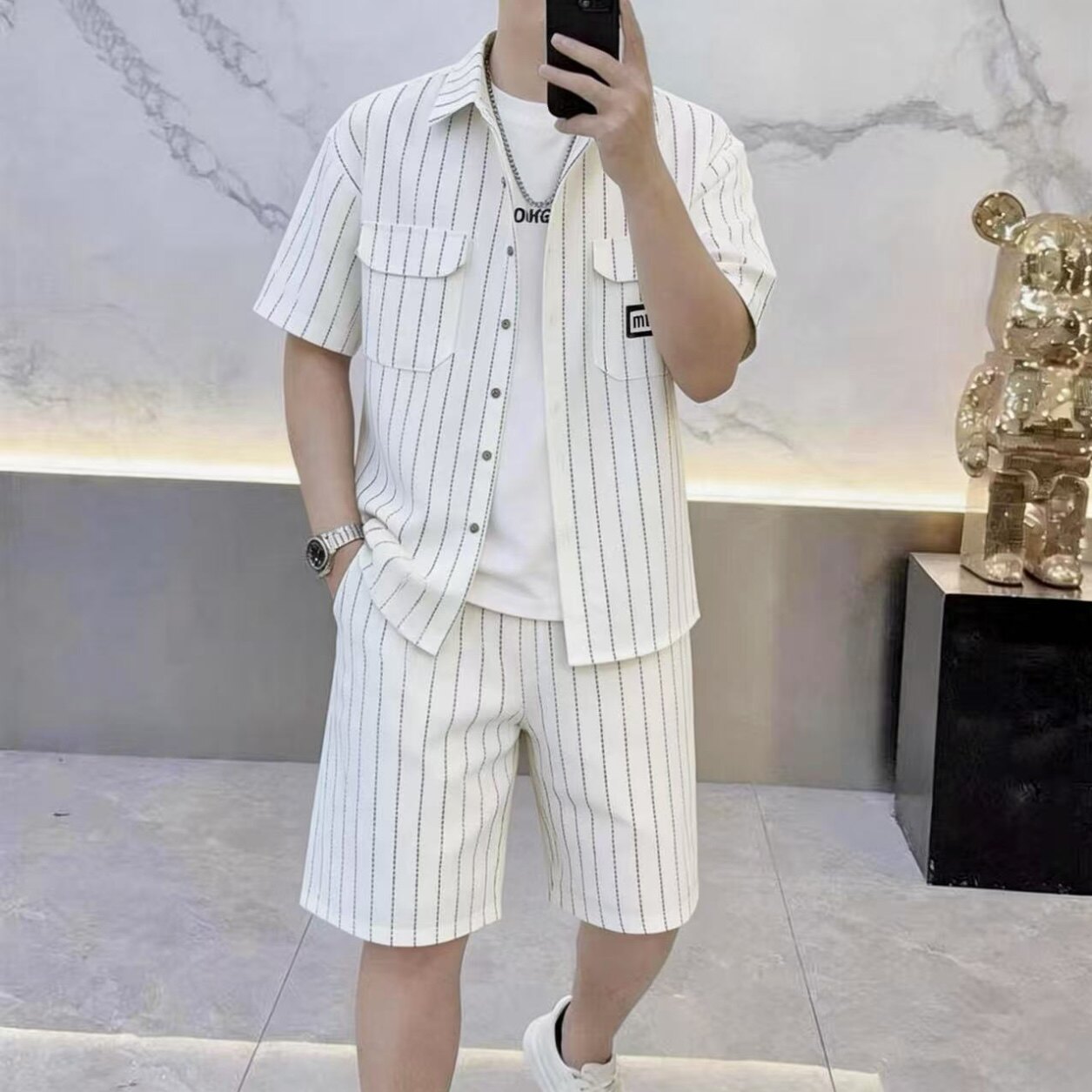 夏季新款男士时尚休闲两件套潮流百搭衬衫短裤套装轻奢简约个性