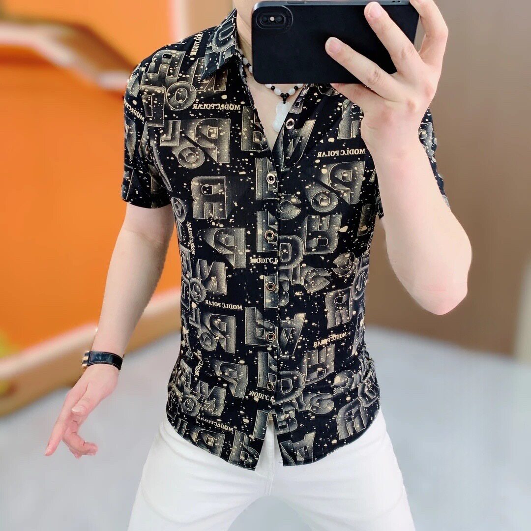 欧洲站夏季新款男士潮流时尚帅气修身翻领个性短袖衬衫