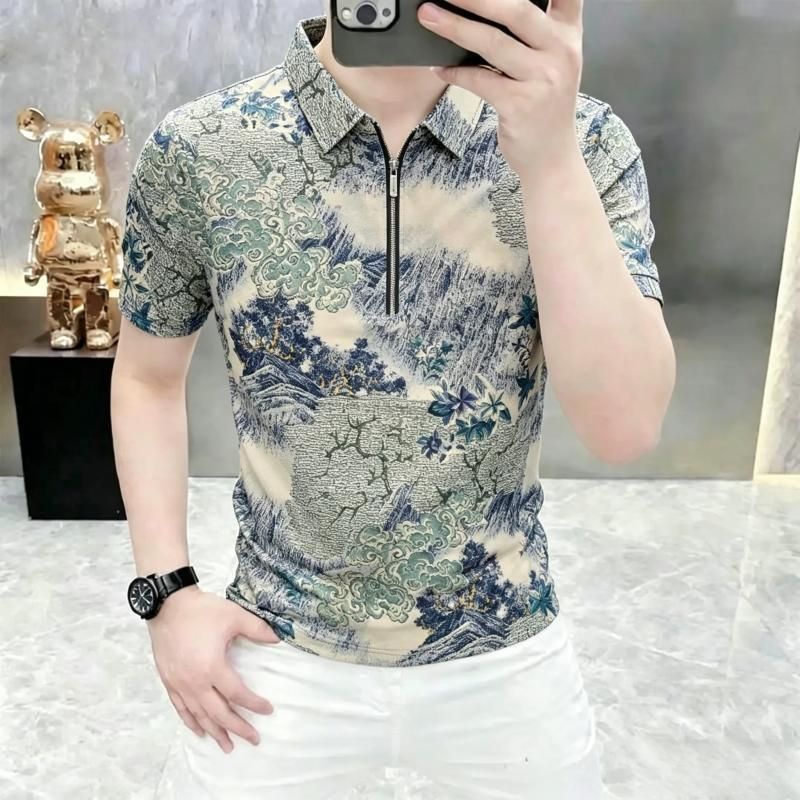 2026夏季薄款新款男士冰丝短袖时尚半袖圆领修身印花水墨画短袖