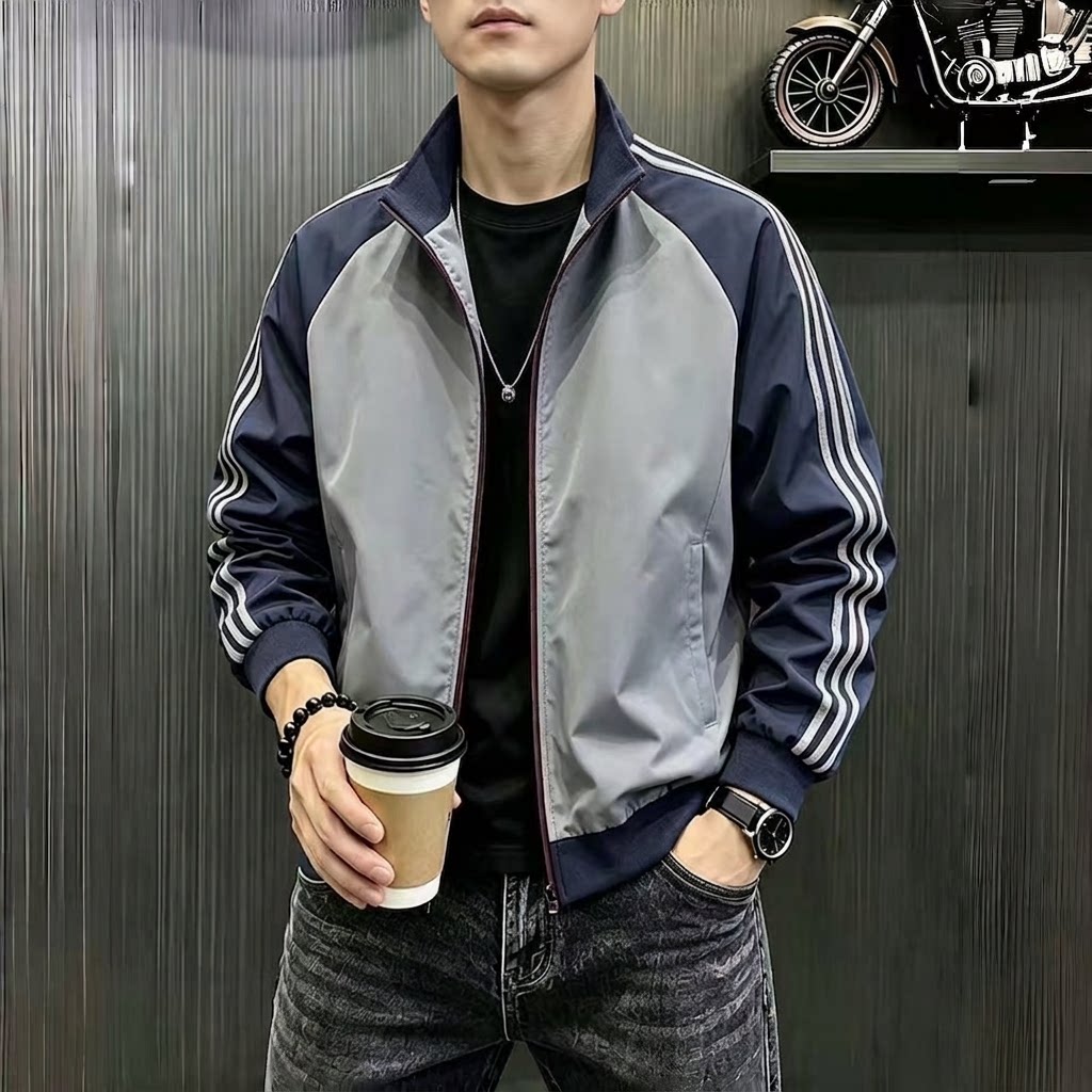 美式条纹立领夹克男士秋季休闲运动外套宽松情侣棒球服
