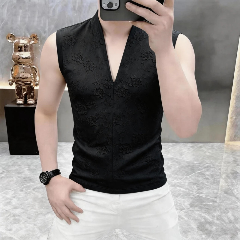 高档夏季新款男士提花拼接运动潮流休闲时尚帅气无袖V领背心96843