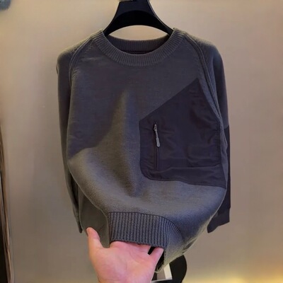 高档重工圆领拼接针织毛衣男士秋冬保暖时尚潮流打底衫男装7226