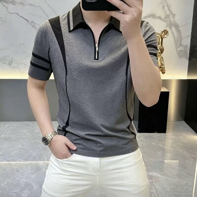 欧版男士夏季薄款轻奢高品质个性翻领polo短袖时尚显瘦上衣2701