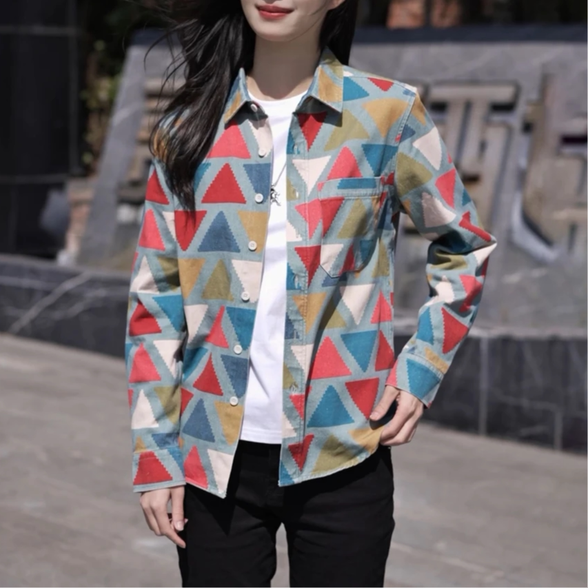 纯棉日系清新印花长袖衬衫男士时尚百搭文艺休闲宽松上衣7608