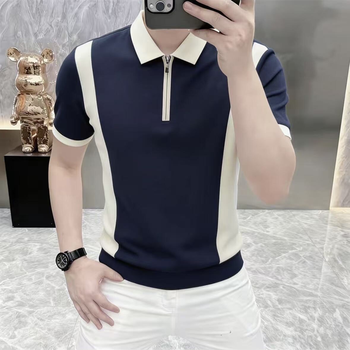 2026简欧男士短袖POLO衫翻领半拉链夏季薄款拼接T恤男丝光棉2033