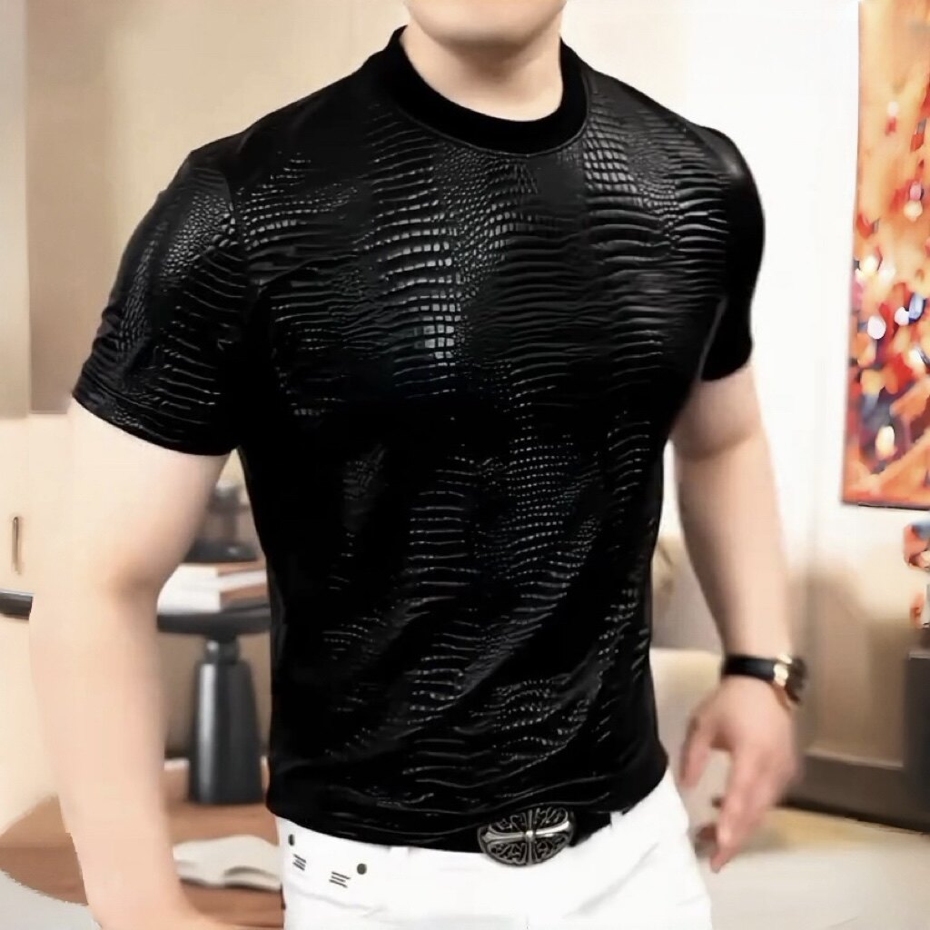 《暗夜鳄影》男士夏季亮面新款百搭圆领短袖休闲潮流显瘦酷帅薄款