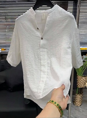 T恤夏季V领休闲时尚薄款简约轻奢89032男士半袖五分袖