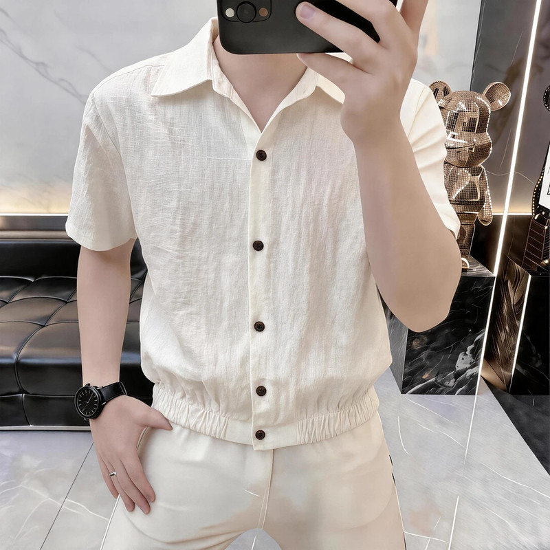 高档夏季透气老钱风翻领短袖衬衫男时尚潮流休闲百搭男装X-D3060