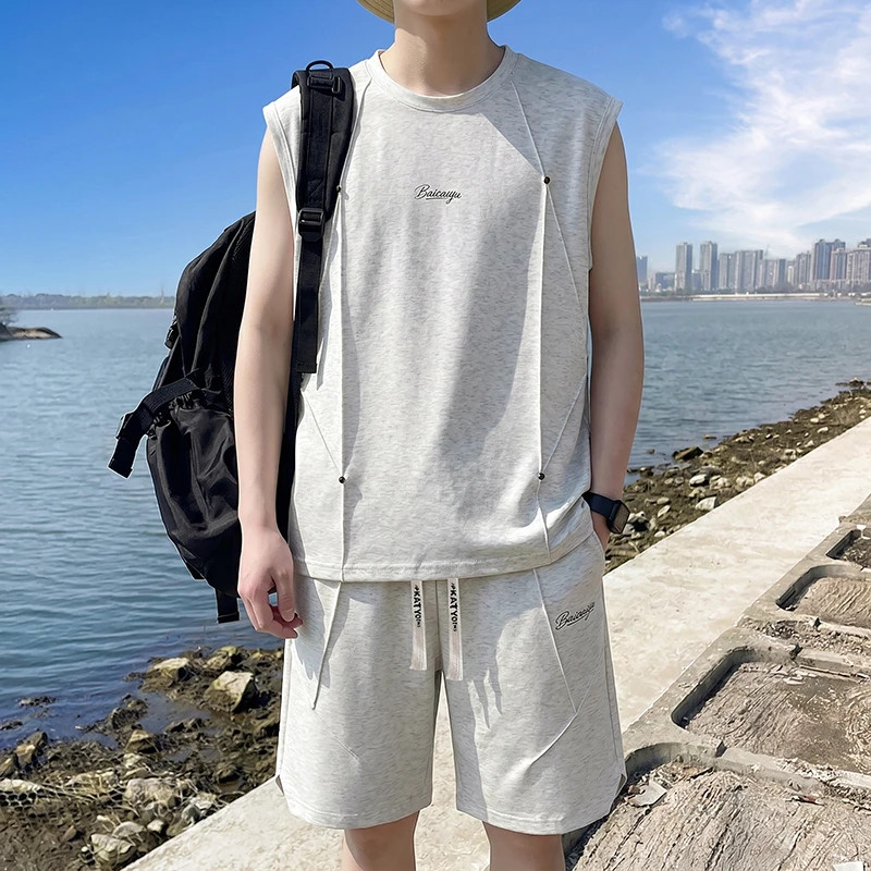 夏季新款男士无袖背心短裤套装休闲百搭潮流宽松