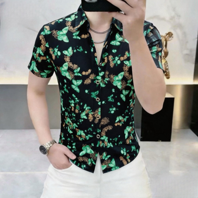 高品质夏季新款男士潮流时尚碎花休闲百搭修身短袖衬衫