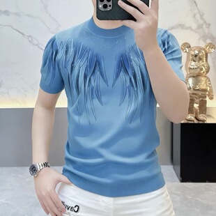 2026男士春夏季新款欧货时尚T恤百搭简约烫钻修身圆领短袖针织衫