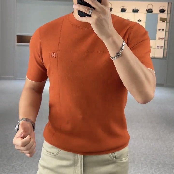 高档轻奢男士针织短袖T恤秋季新款高端时尚商务休闲打底衫毛衣男