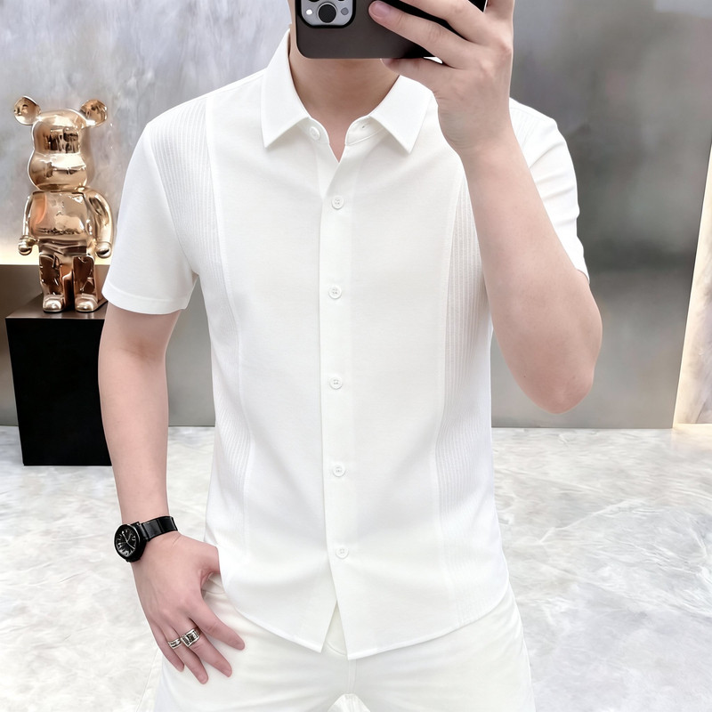 高档夏季新款男士商务休闲纯色翻领短袖衬衫宽松透气时尚百搭1261