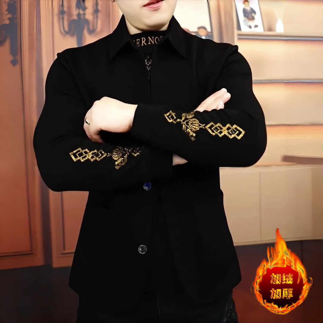 《雅绣黑绅》冬季加绒假两件卫衣时尚帅气潮流休闲修身男士长袖