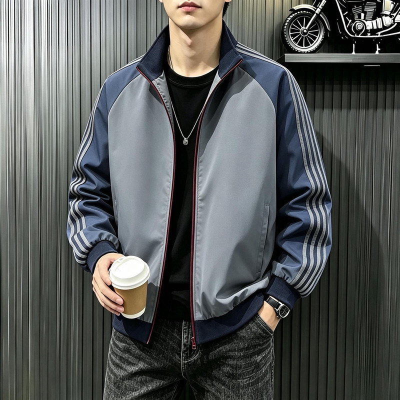 美式条纹立领夹克男士秋季休闲运动外套宽松情侣棒球服