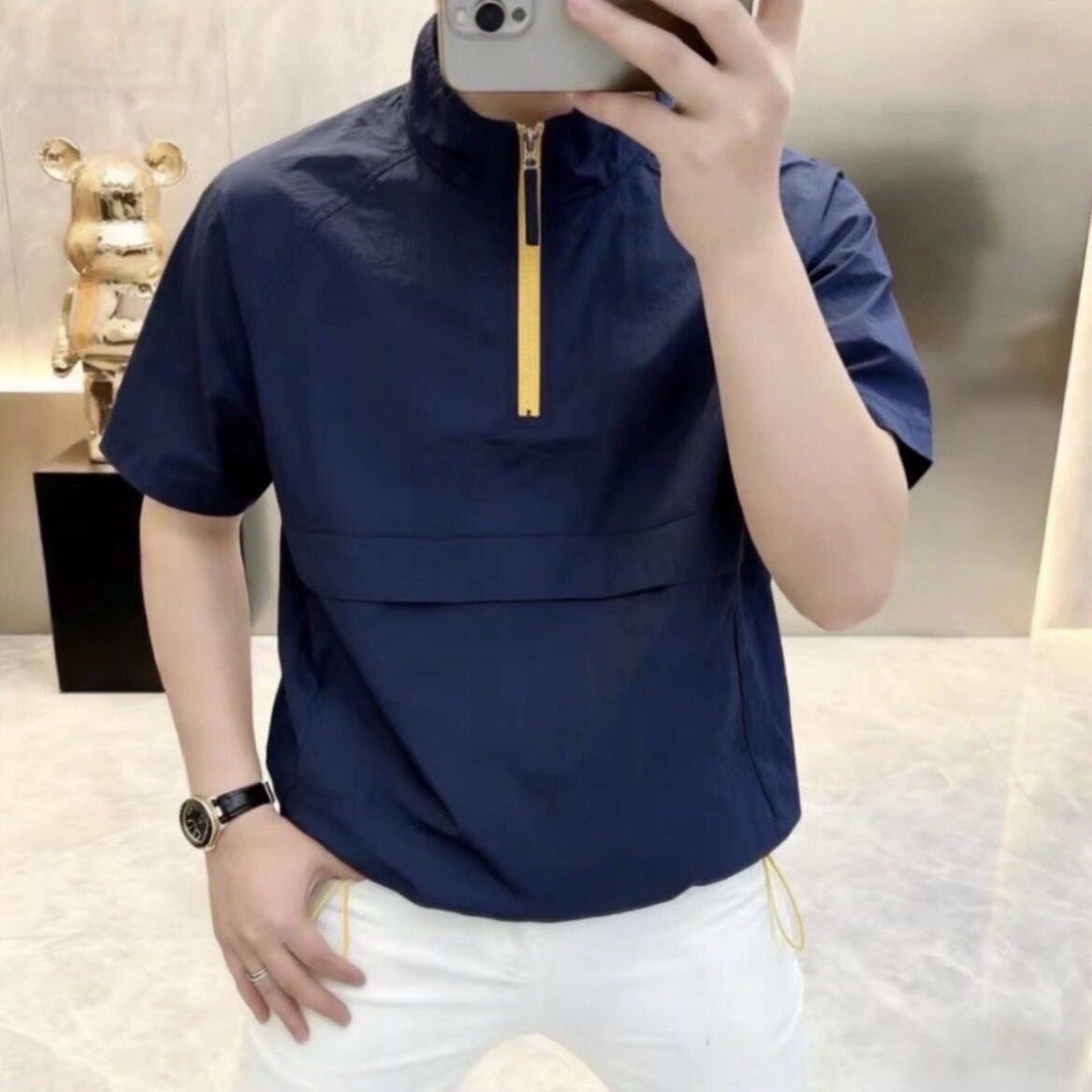 M轻奢夏季男士时尚百搭宽松半拉链速干短袖T恤上衣sy2611