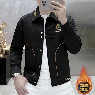 2026新款简欧秋冬加绒加厚夹克男士帅气翻领保暖外套轻奢冬装8518