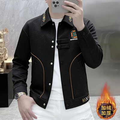 2026新款简欧秋冬加绒加厚夹克男士帅气翻领保暖外套轻奢冬装8518