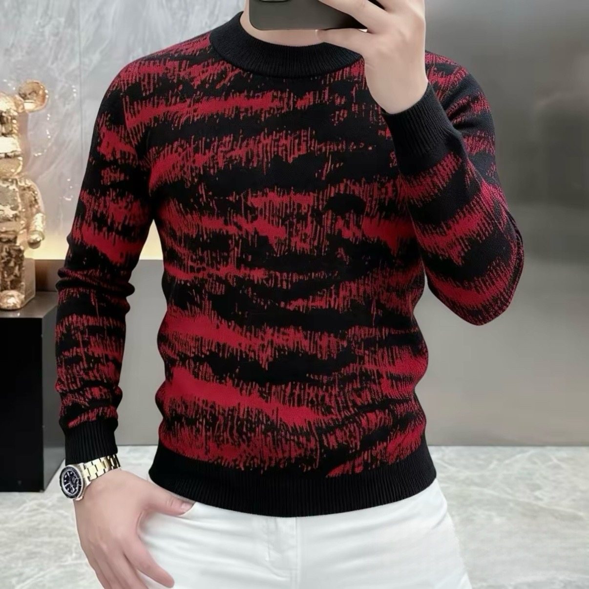 2026秋冬新款欧货圆领毛衣男士天鹅绒高品质打底针织衫个性套头潮