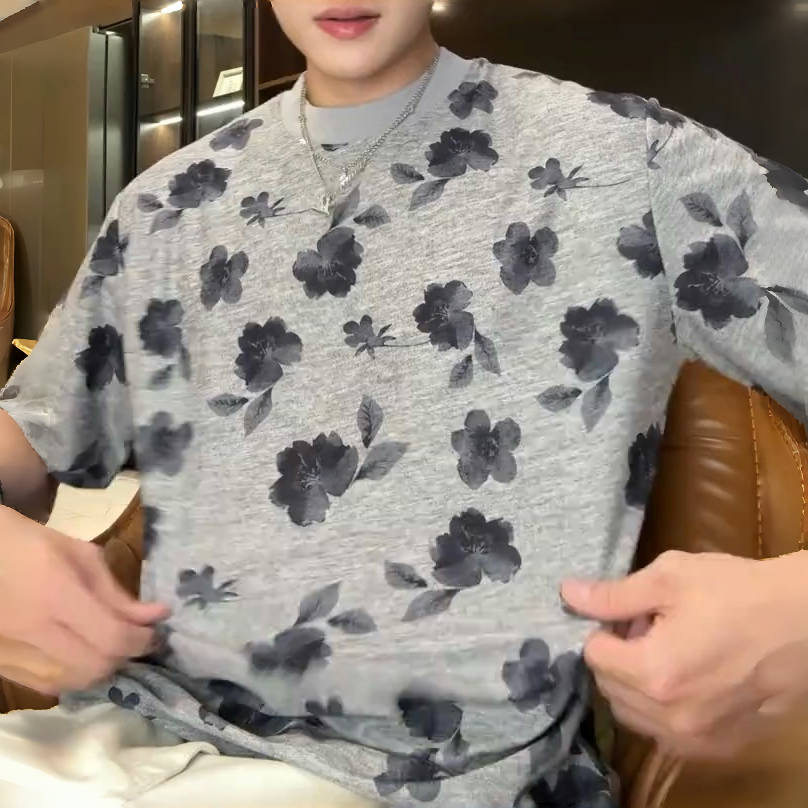 夏季高级感新款男士撞色花卉图案圆领短袖T恤小众设计简约上衣