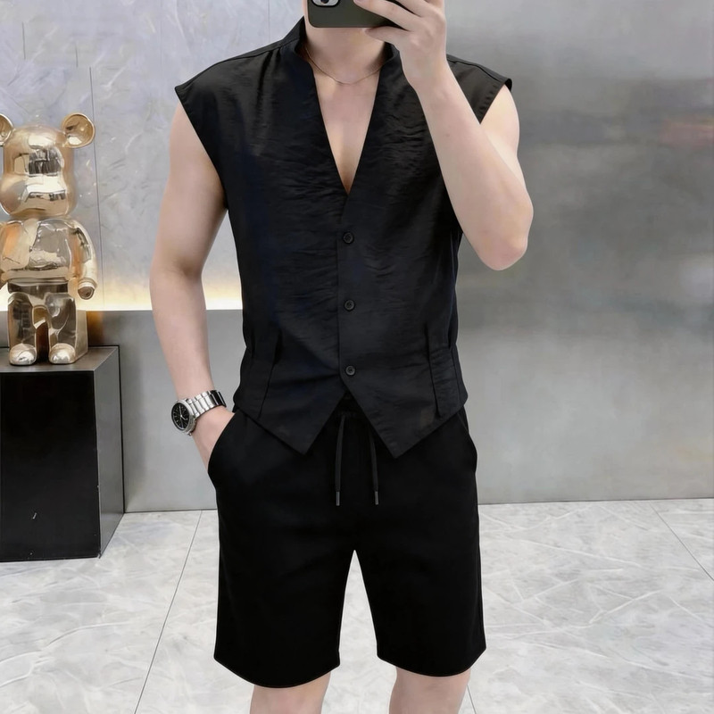 夏季新款男士V领纯色无袖背心短裤套装潮流休闲时尚百搭8819套装
