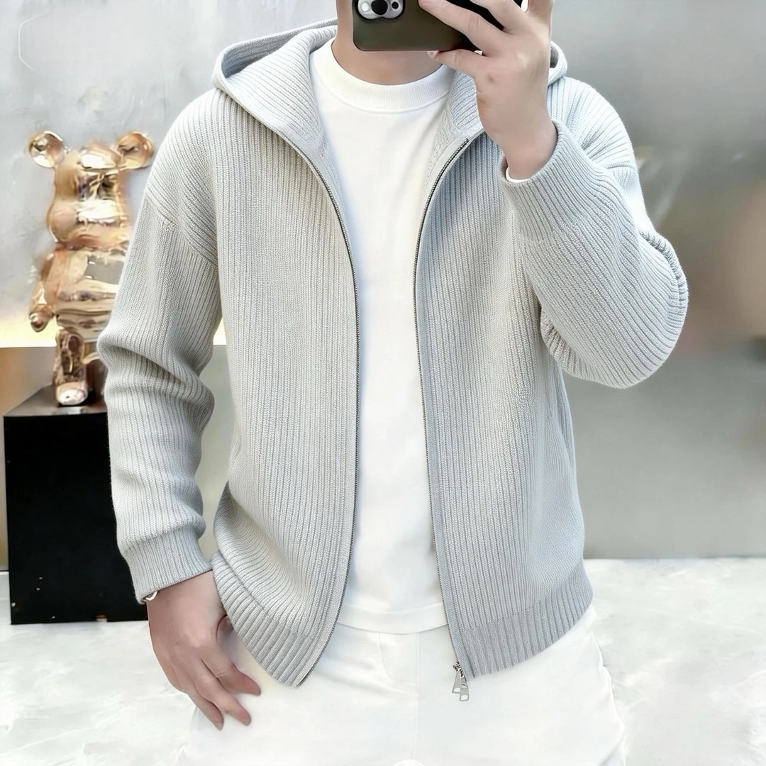 高档连帽针织开衫男士2026春秋新款时尚简约纯色百搭毛衣外套1130